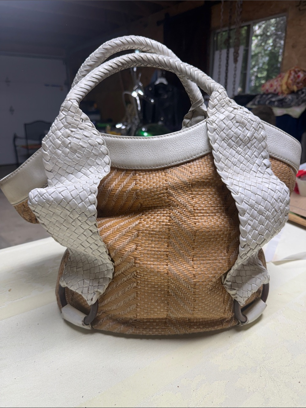 Cole Haan Tan Woven Tote with Cream Braided Leather Handles